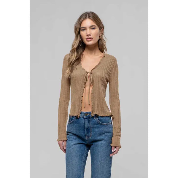 Lettuce Edge Front Tie Sheer Cardigan