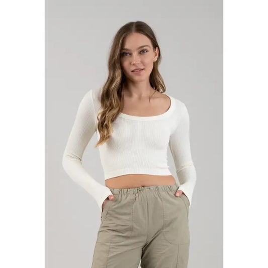 Scoop Neck Long Sleeve Crop-Shirts & Tops-Bottoms Up Boutique-Anchorage AK