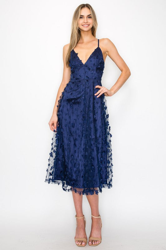 Ruffle Floral Halter Midi in Navy
