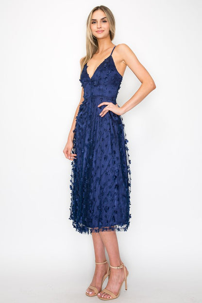 Ruffle Floral Halter Midi in Navy