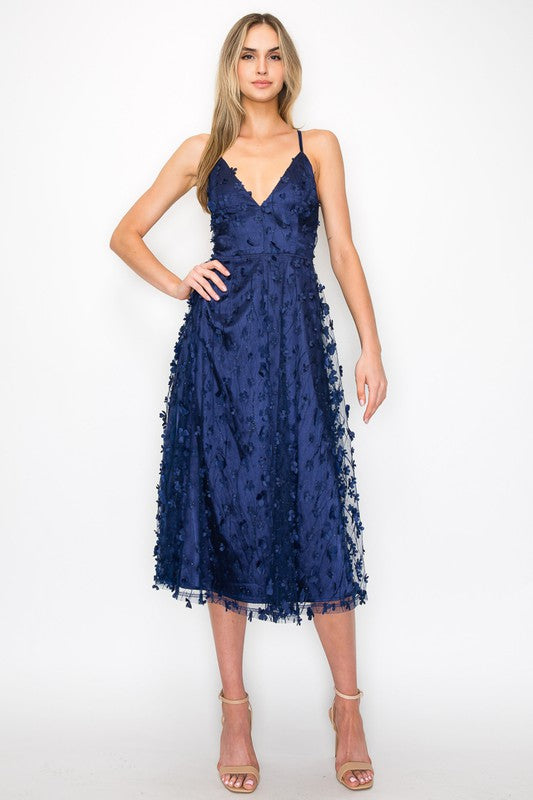 Ruffle Floral Halter Midi in Navy