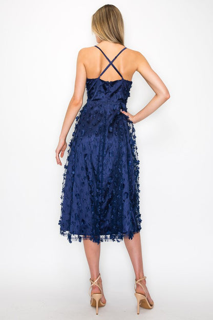 Ruffle Floral Halter Midi in Navy