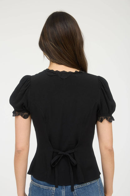 Black Lace Trim Puff Sleeve Button Down Blouse