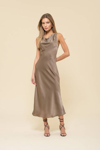 Satin Cowl Neck Sleeveless Midi Dress - Mocha