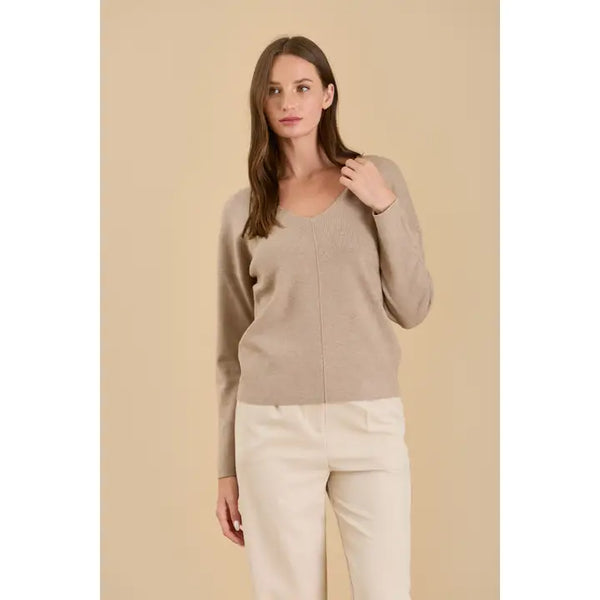 Solid V Neck Front Seam Sweater Mocha