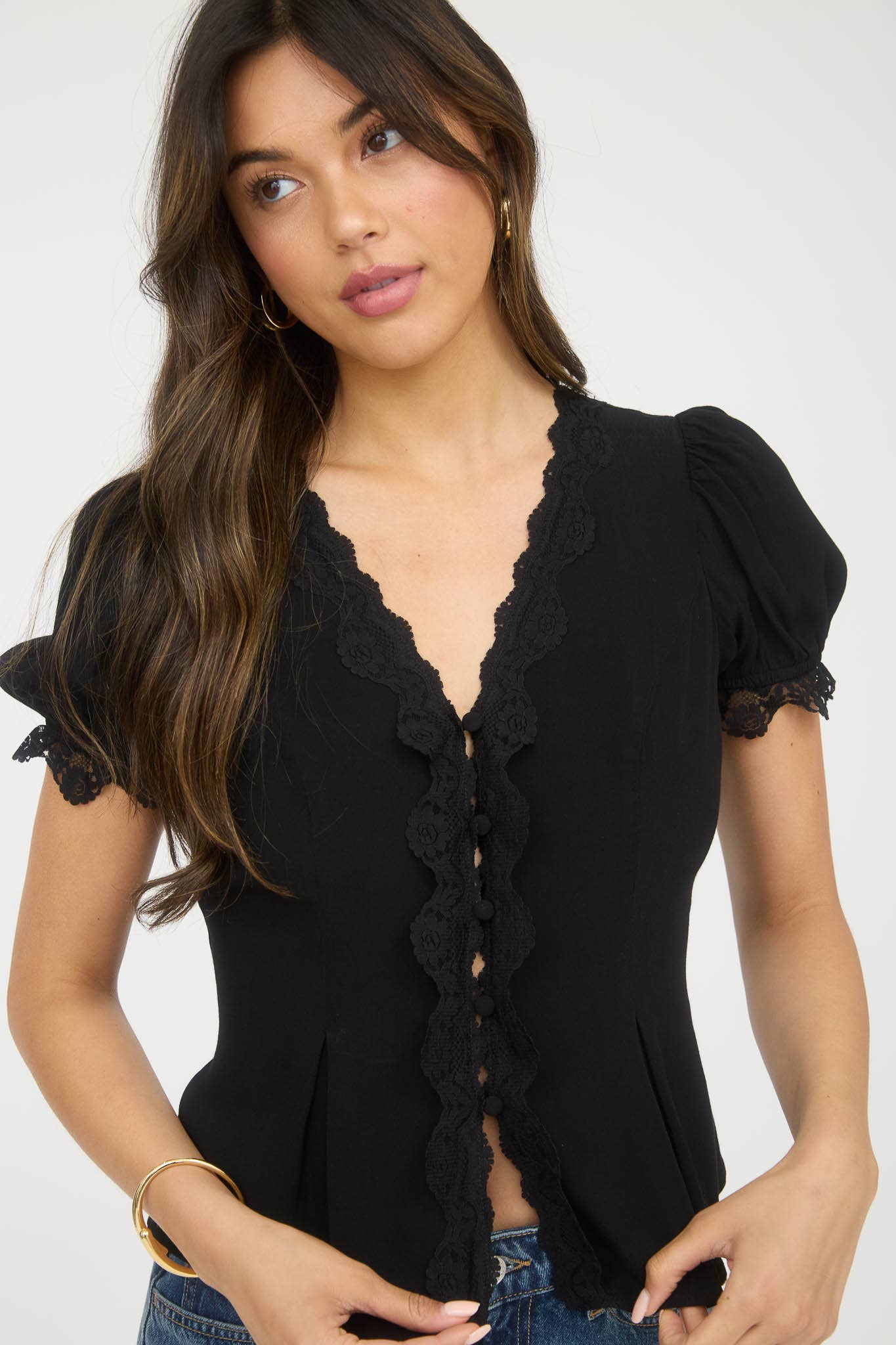 Black Lace Trim Puff Sleeve Button Down Blouse