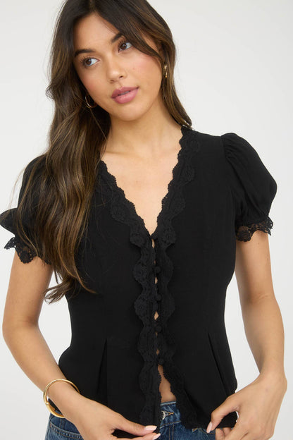 Black Lace Trim Puff Sleeve Button Down Blouse