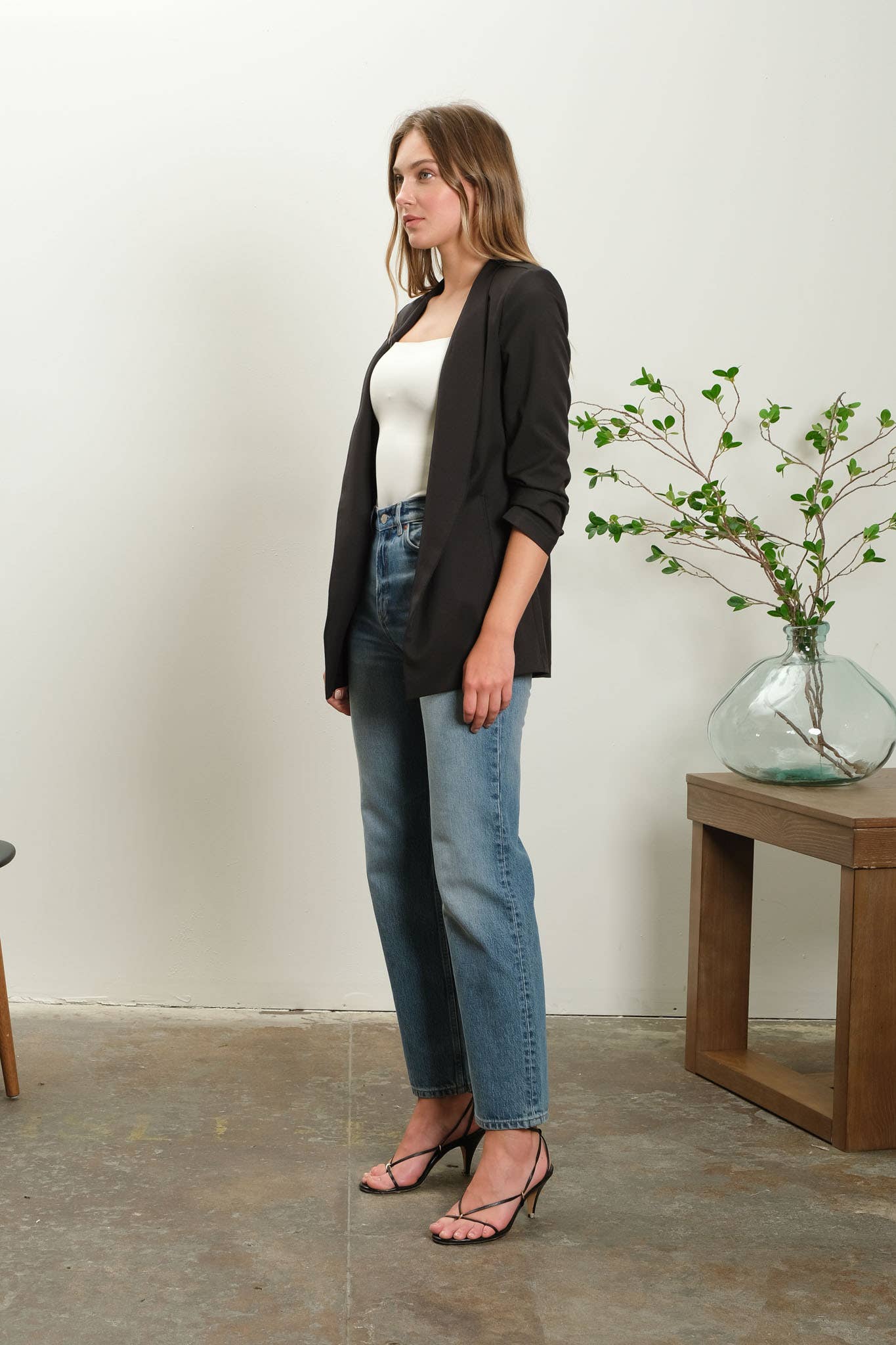 Collarless Ruched Sleeve Longline Blazer