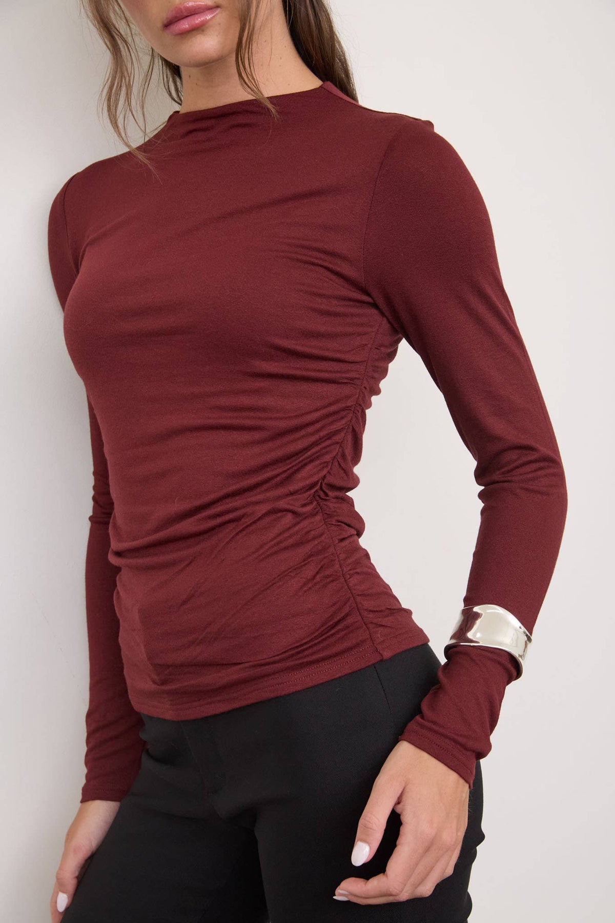 Ruched Long Sleeve Top-Shirts & Tops-The Workshop Studio-S-Burgundy-Bottoms Up Boutique