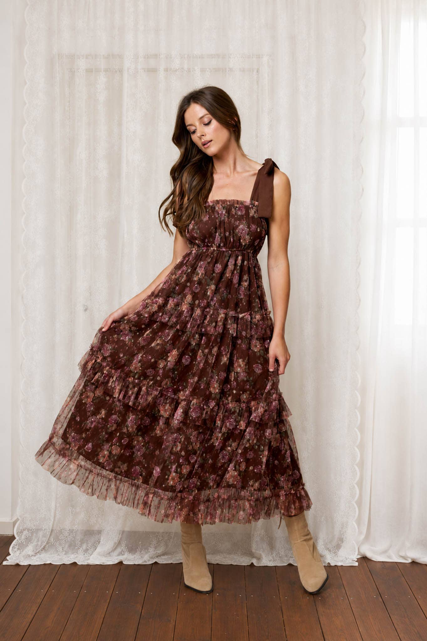 Floral Chiffon Tie Strap Midi Dress