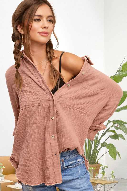 Salmon Crinkle Button Down Shirt