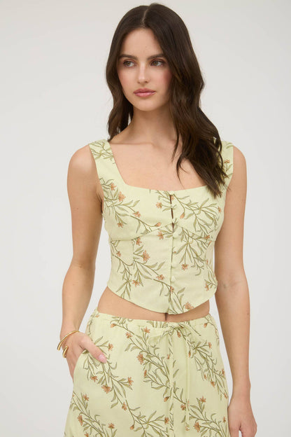 Floral Corset Detail Button Down Linen Crop Top