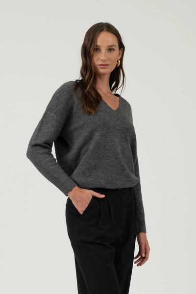 Charcoal Drop Shoulder V Neck Sweater