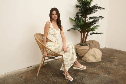 Floral Corset Detail Button Down Linen Crop Top