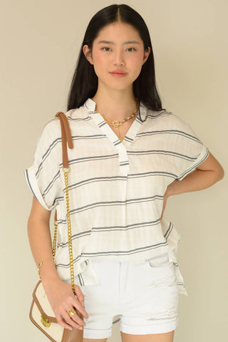 Cuffed Short Sleeve V-neck Woven Top