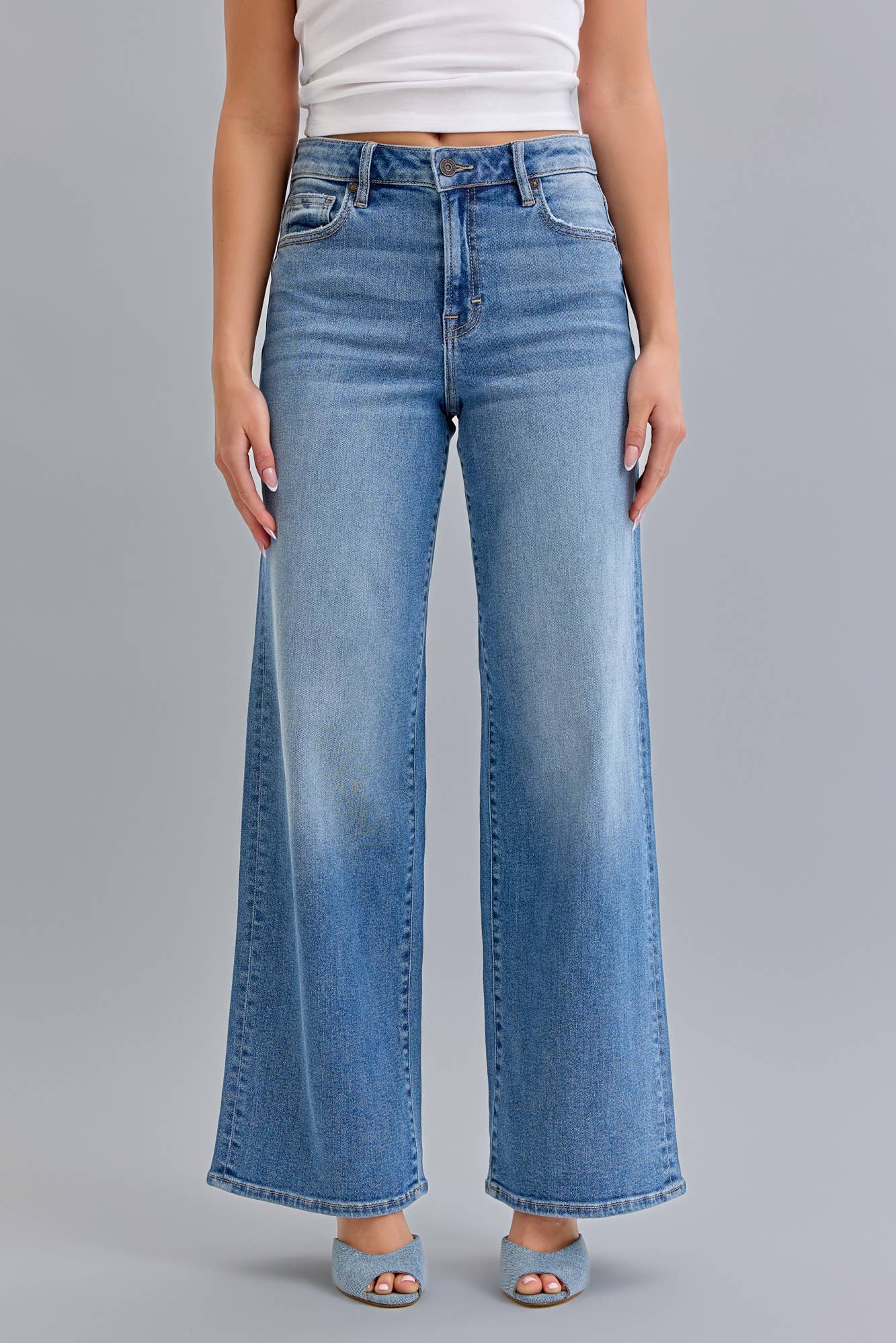 Medium Wash Stretch High Rise Wide Leg