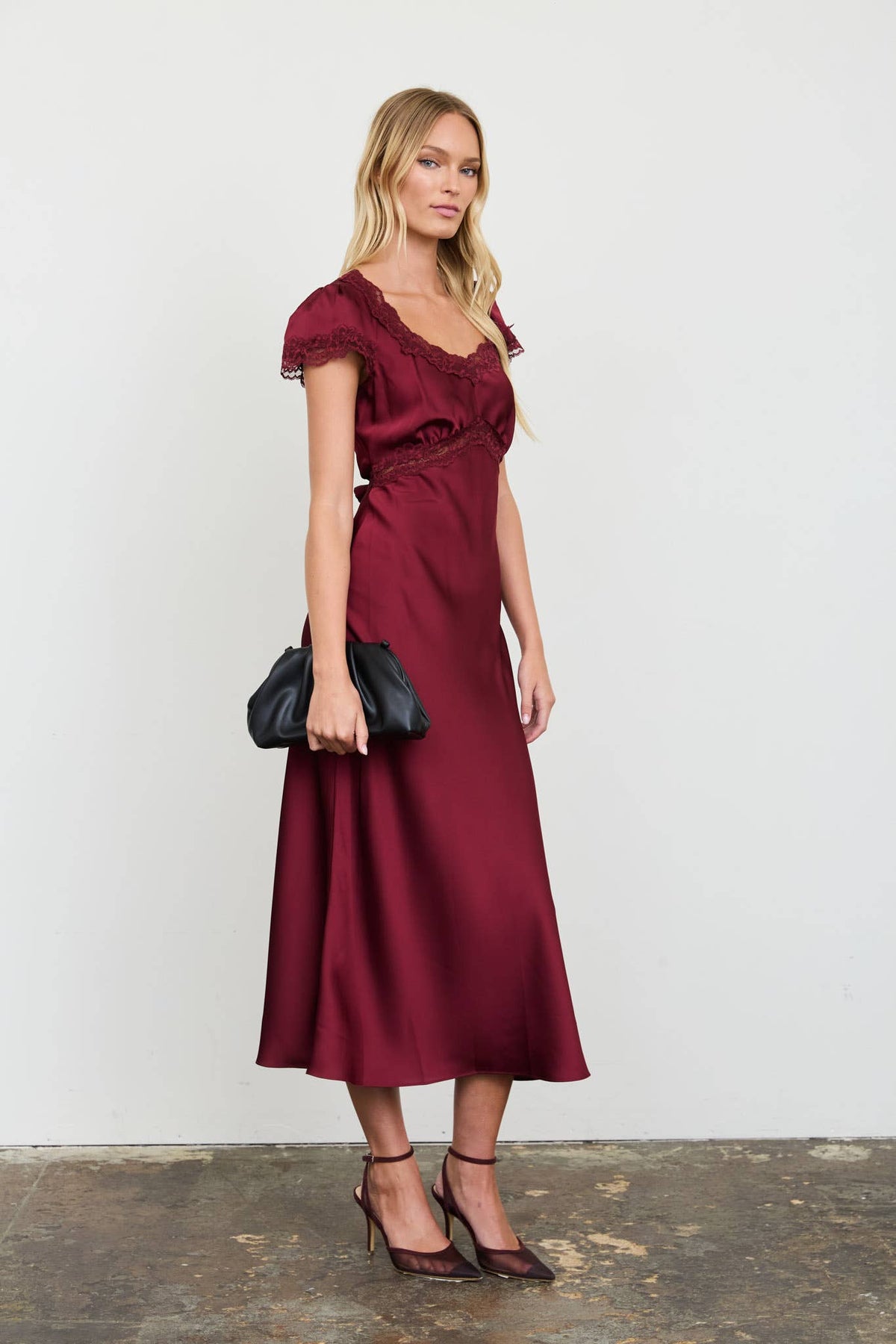 Satin Lace Trim Midi Dress-Dresses-The Workshop Studio-Bottoms Up Boutique