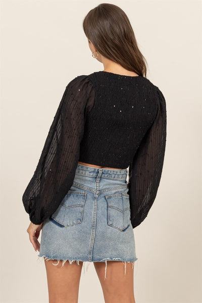 Sequin Smocked V Neck Crop