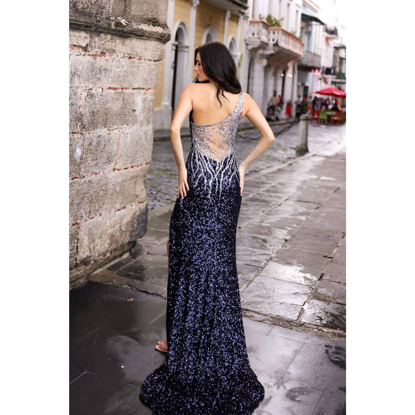 Sequin Sheer One Shoulder Dress