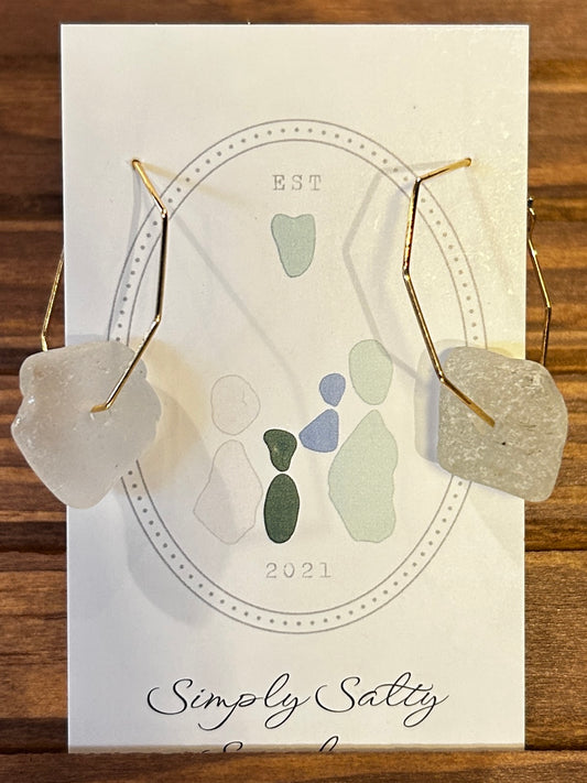 Gold Hexy Hoop Earrings w/ White Seaglass