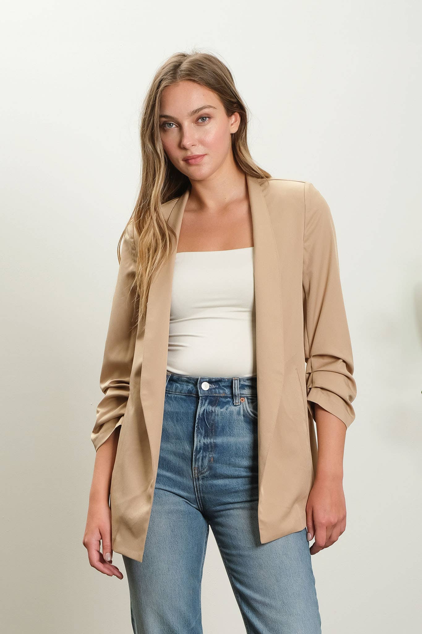 Collarless Ruched Sleeve Longline Blazer