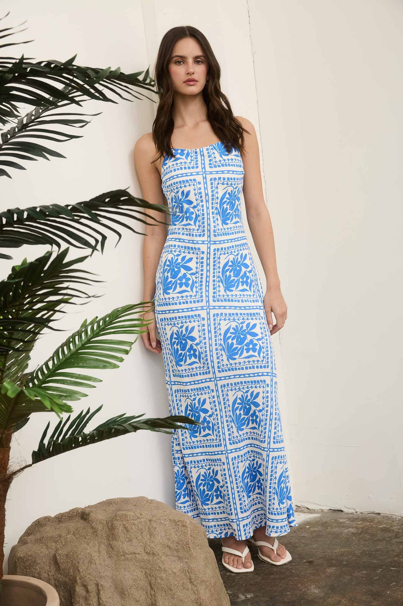 Floral Tile Print Spaghetti Strap Midi Dress