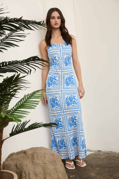 Floral Tile Print Spaghetti Strap Midi Dress