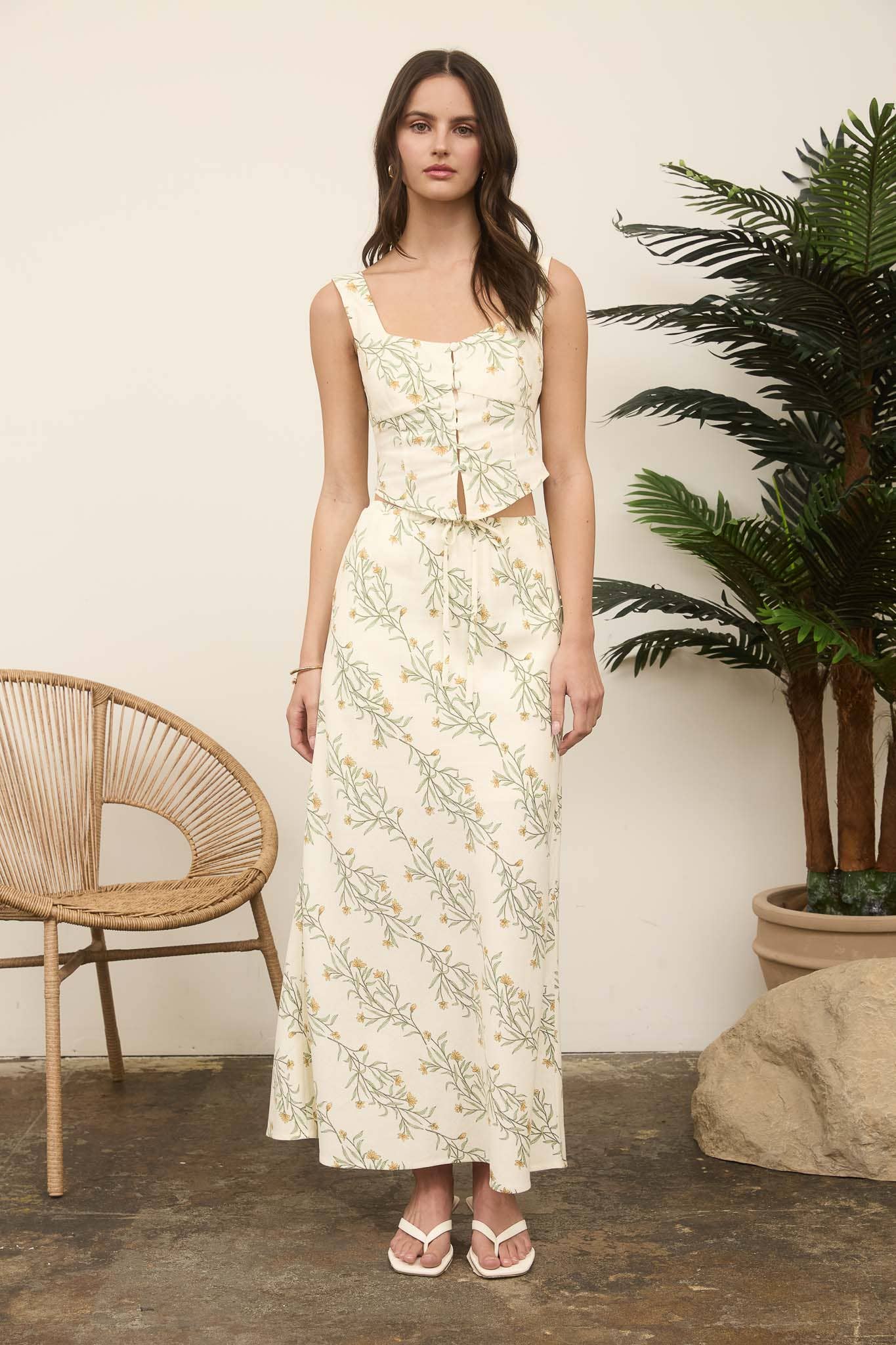 Floral Corset Detail Button Down Linen Crop Top