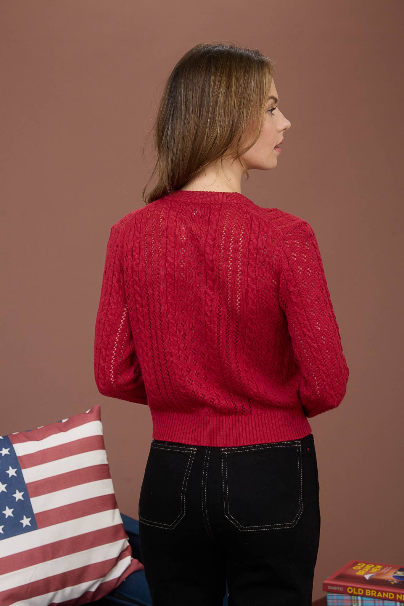 Deep Red Cable Knit Cardigan