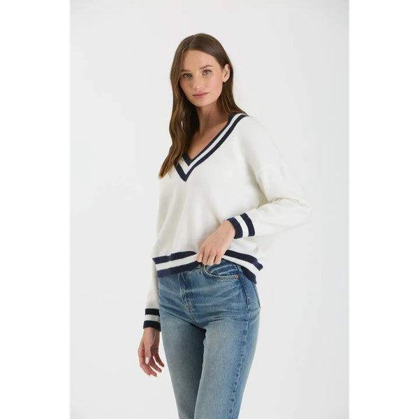 Contrast Line V Neck Long Sleeve Knit Sweater