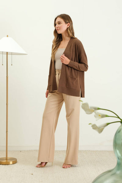 Brown Open Front Knit Cardigan