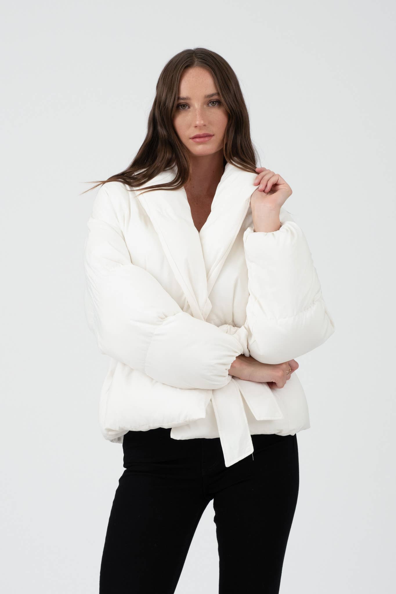 Cream Waist Tie Puffer Jacket