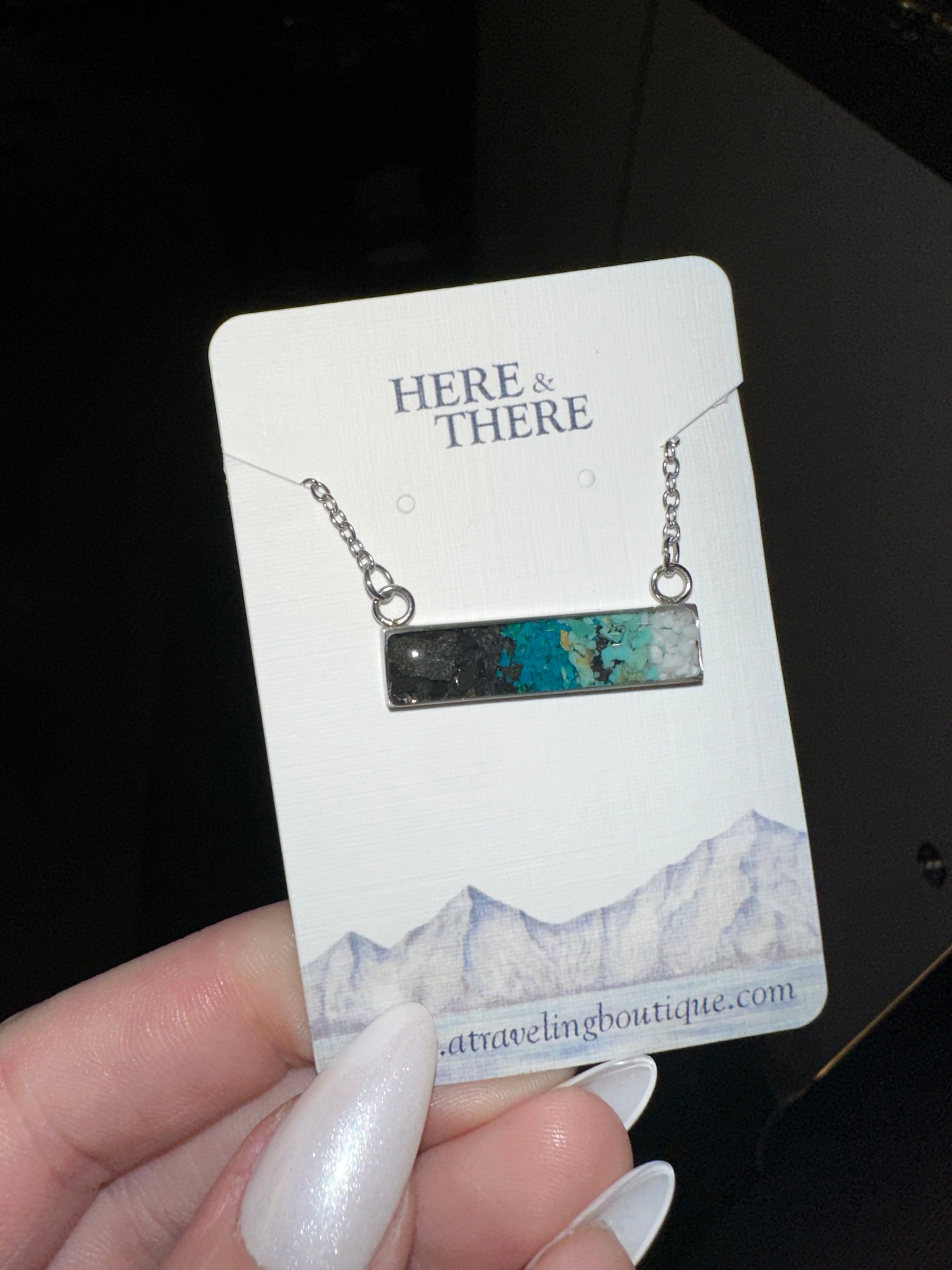 Alaska Destination Horizontal Bar Necklace-Local-Byron Glacier Sand & Silt with Turquoise-Bottoms Up Boutique-Anchorage AK