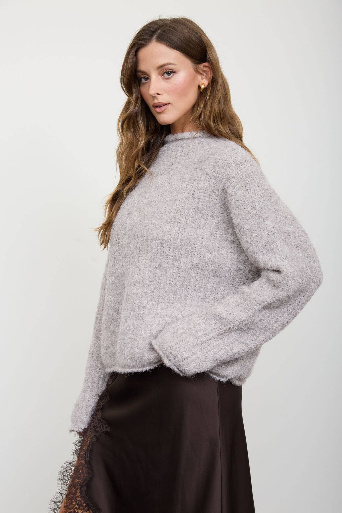 Blu Pepper - FUZZY KNIT RAW MOCK NECK LONG SLEEVE KNIT SWEATER-Blu Pepper-Bottoms Up Boutique