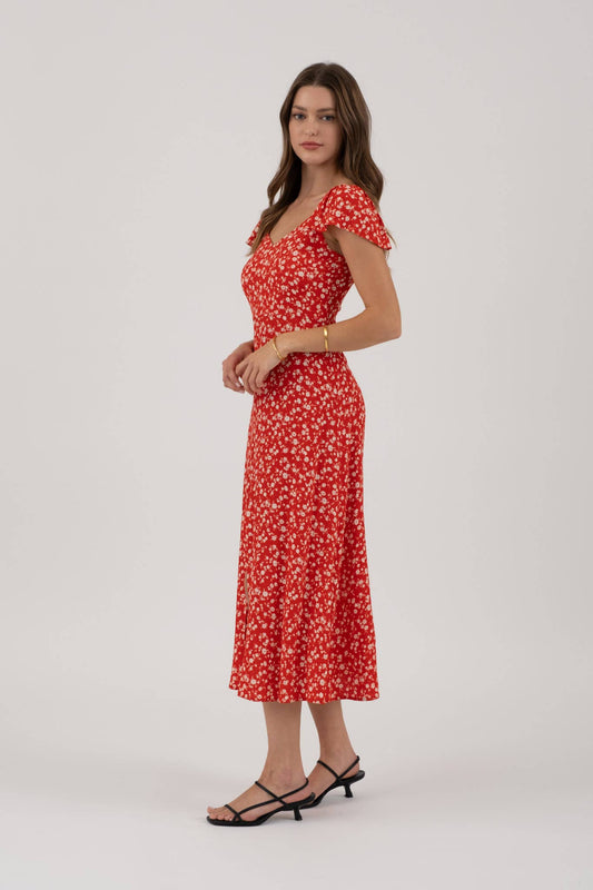 Red Floral Short Sleeve Slit Midi Dress
