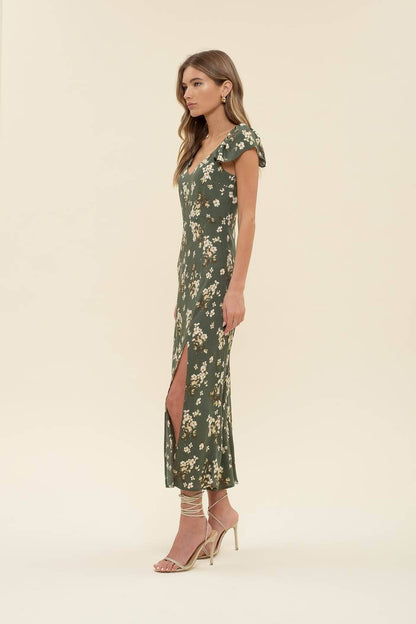 Floral Ruffle Maxi Dress in Hunter-Dresses-Bottoms Up Boutique-Anchorage AK