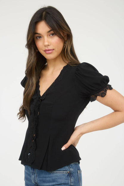 Black Lace Trim Puff Sleeve Button Down Blouse