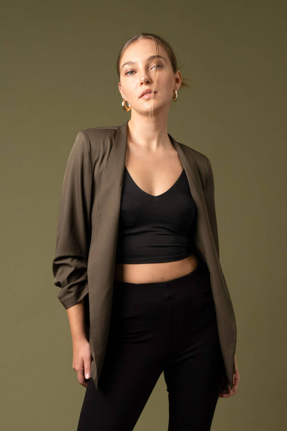Collarless Ruched Sleeve Longline Blazer