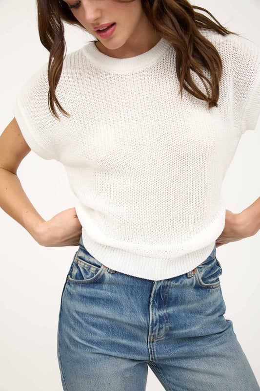Sheer Knit Crew Neck Batwing Sweater - White-Tops-Bottoms Up Boutique-Anchorage AK