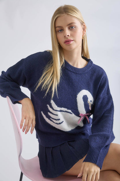 Swan Motif Pullover Sweater