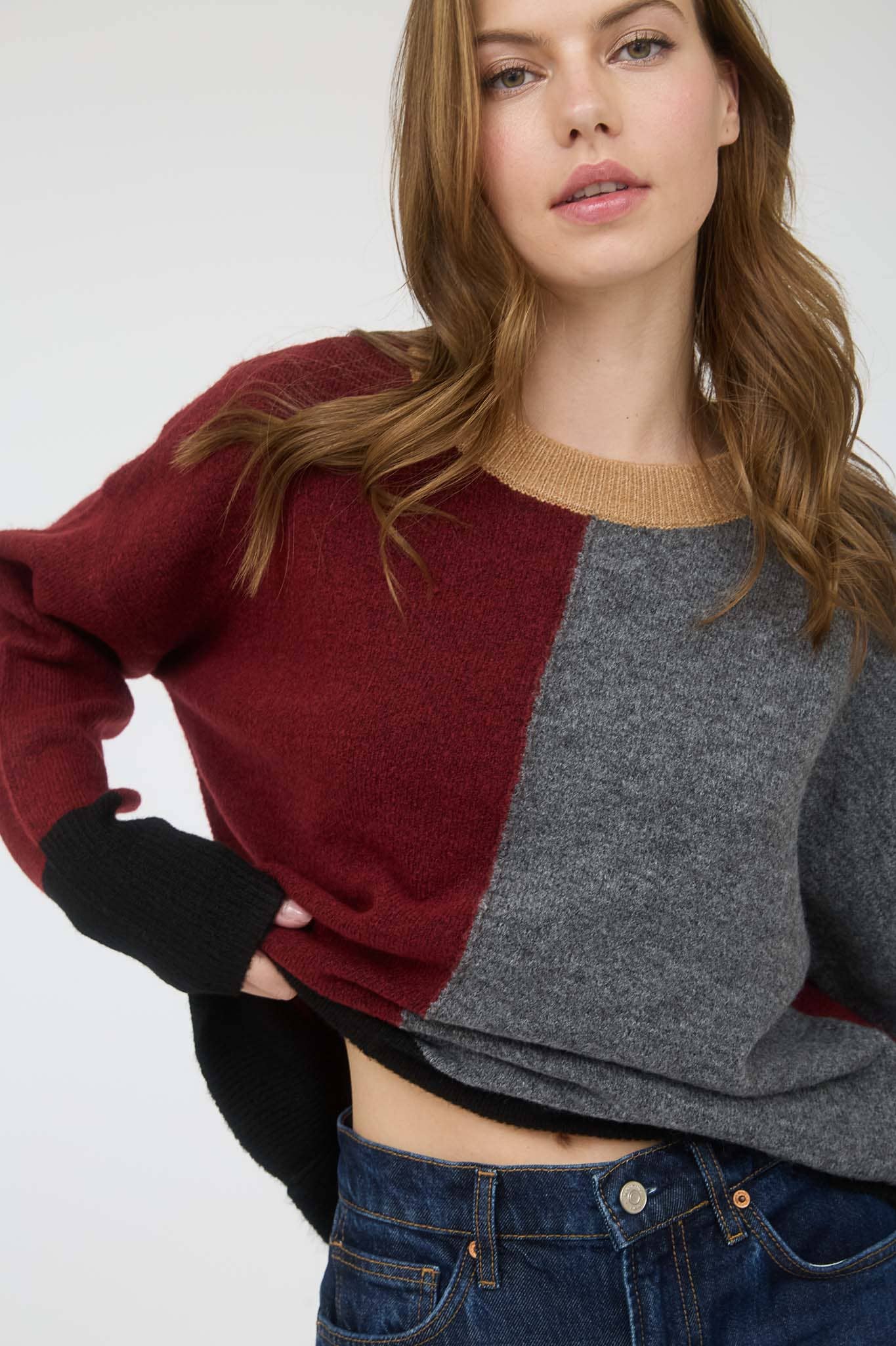 Red Wood Color Block Sweater