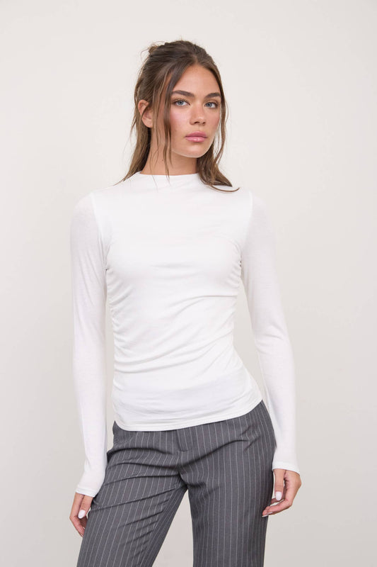 Ruched Long Sleeve Top-Shirts & Tops-The Workshop Studio-S-White-Bottoms Up Boutique