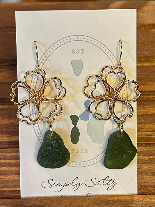 Gold Wire Flower Earrings w/ Olive Seaglass