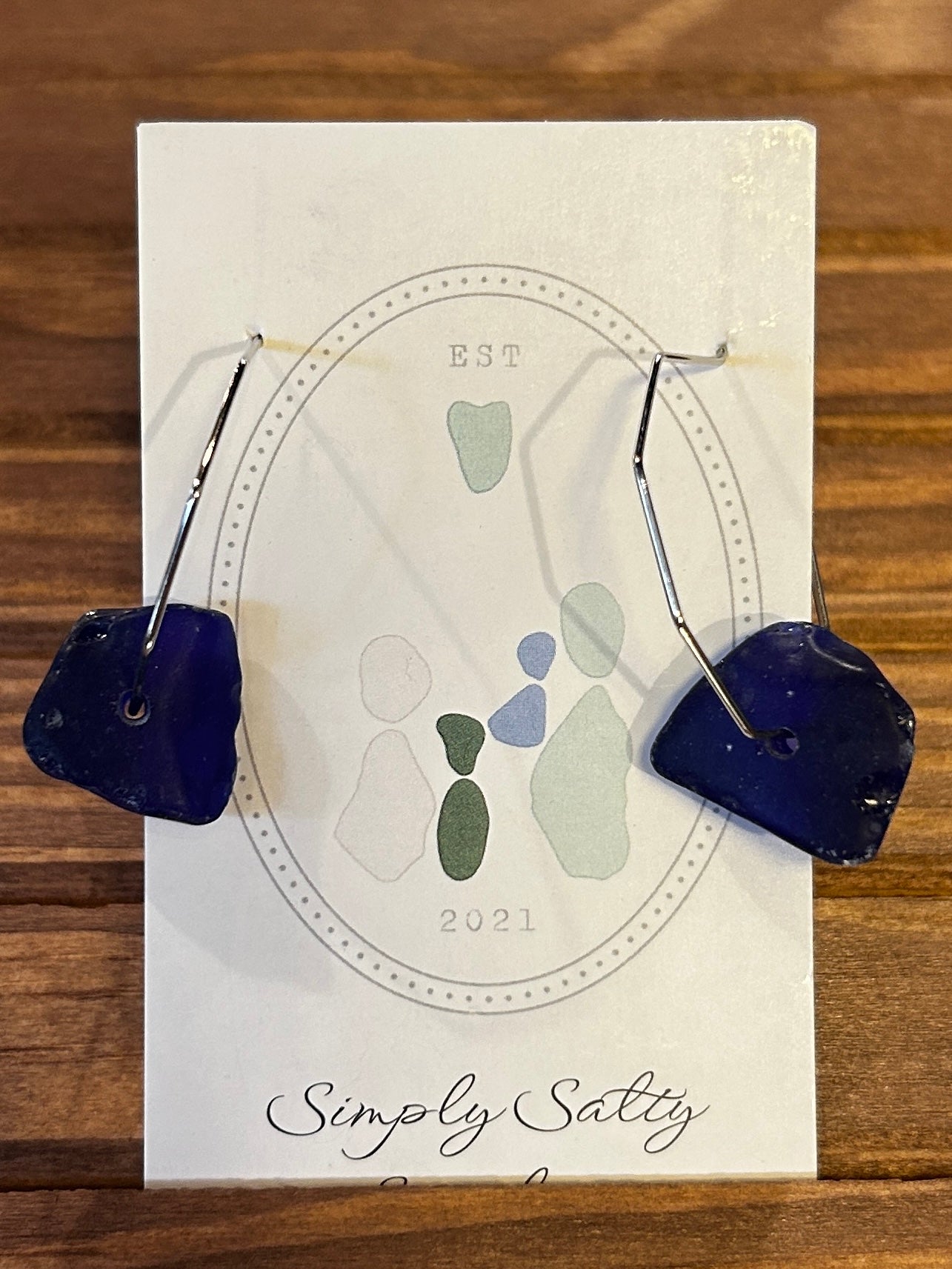 Silver Hexy Hoop Earrings w/ Cobalt Blue Seaglass