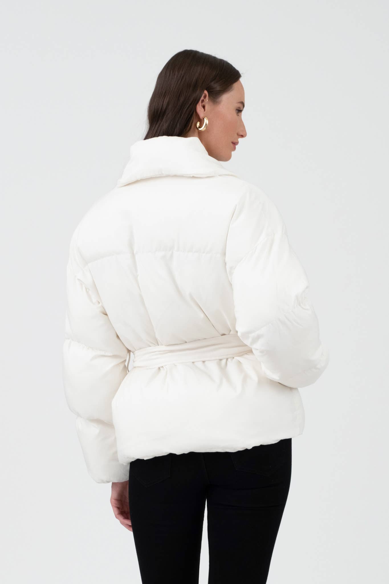 Cream Waist Tie Puffer Jacket