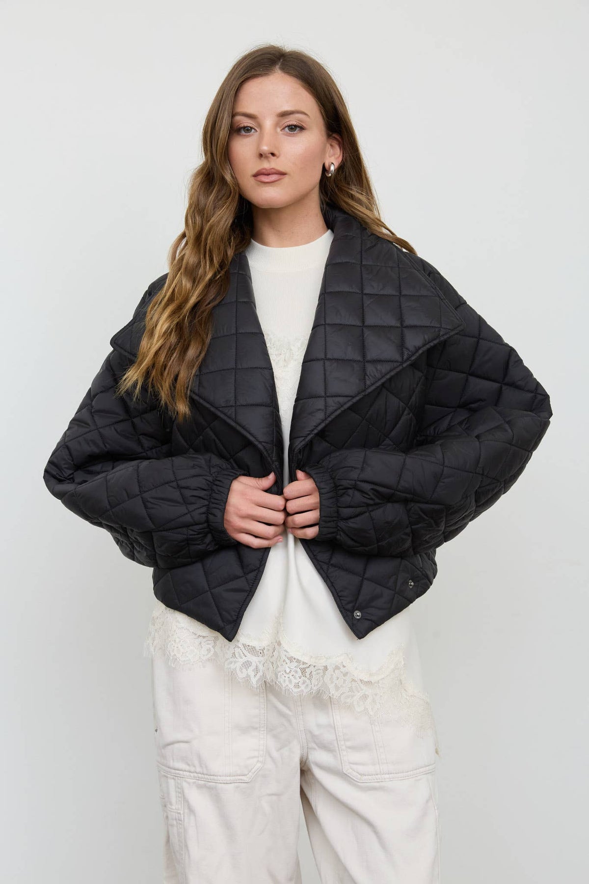 Blu Pepper - QUILTED SHAWL COLLAR CROPPED JACKET-Blu Pepper-BLACK-Bottoms Up Boutique