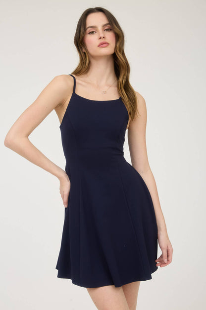 Spaghetti Strap Navy Dress w/ Bow Accents