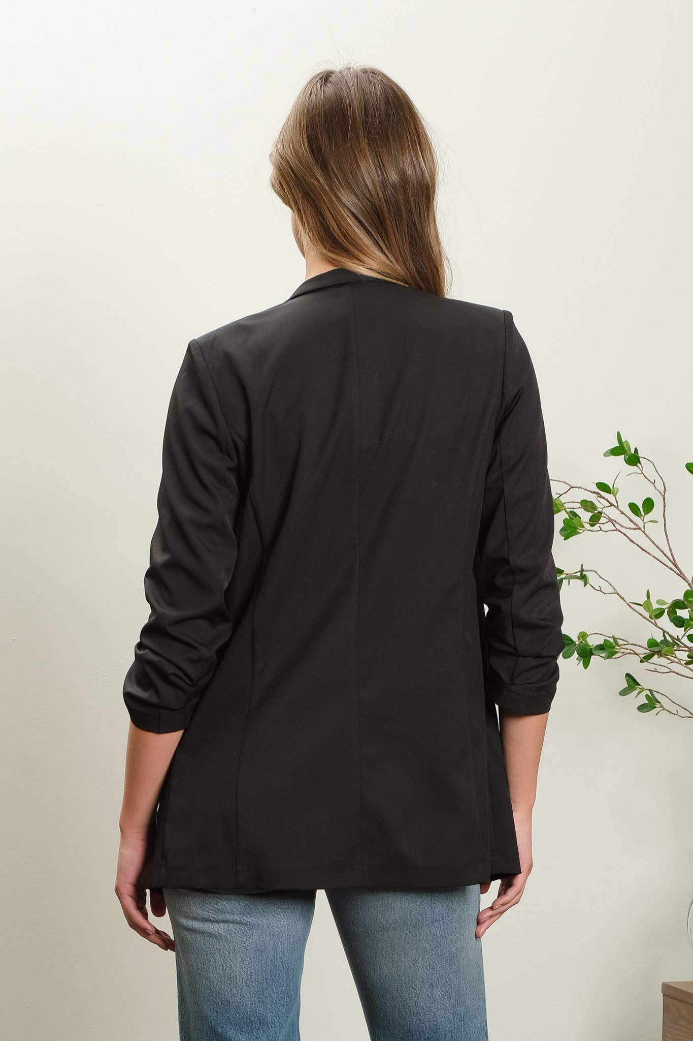 Collarless Ruched Sleeve Longline Blazer