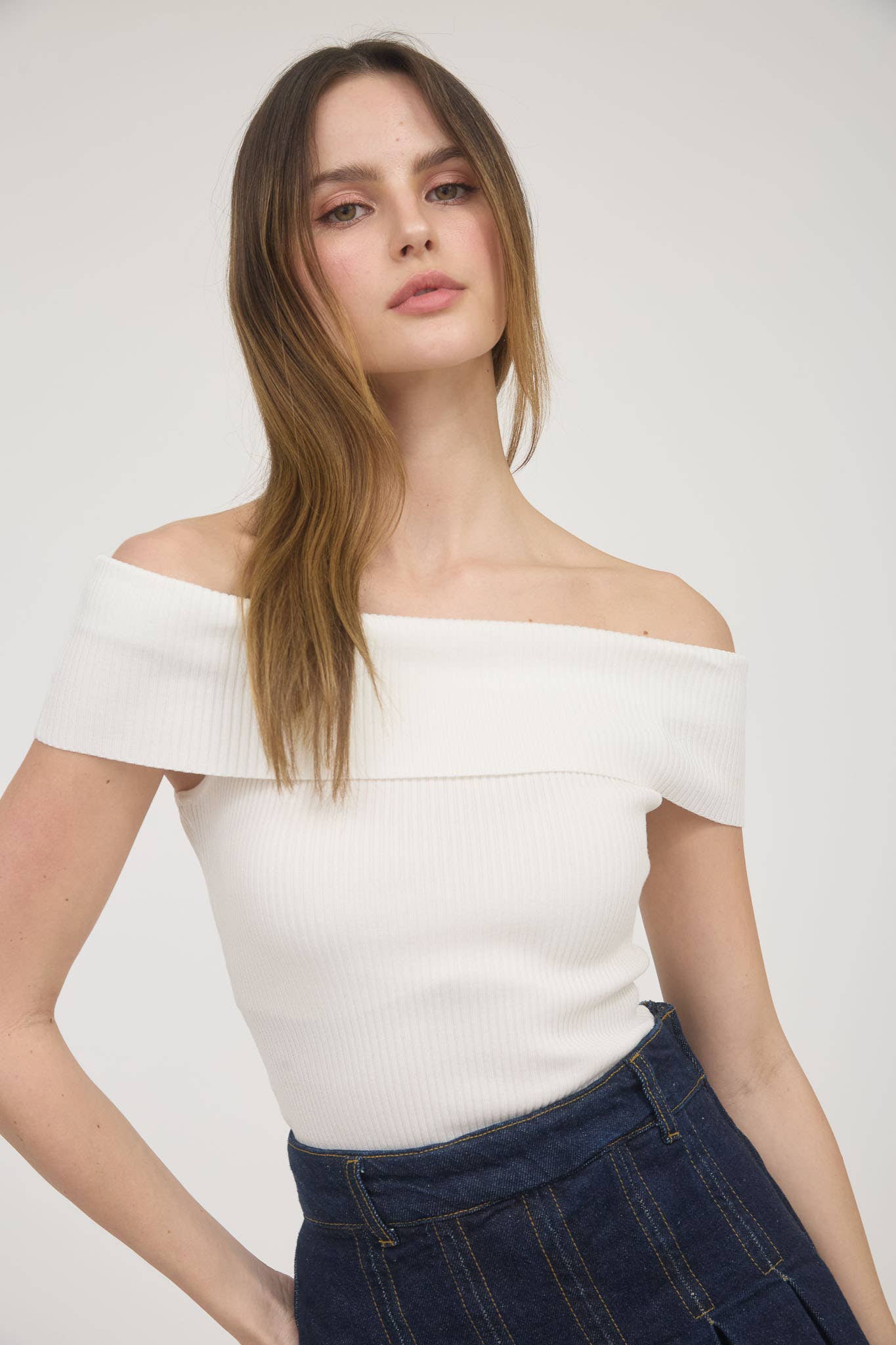 Off-the-shoulder Fold Over Sweater Knit Top