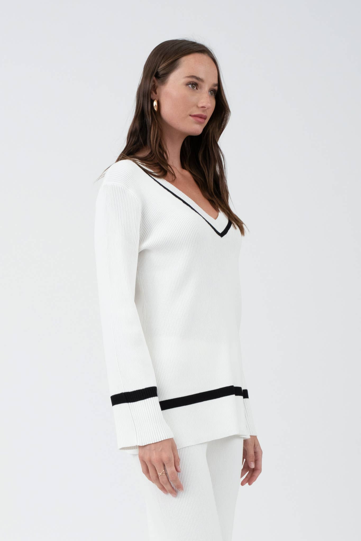 White Contrast V Neck Sweater